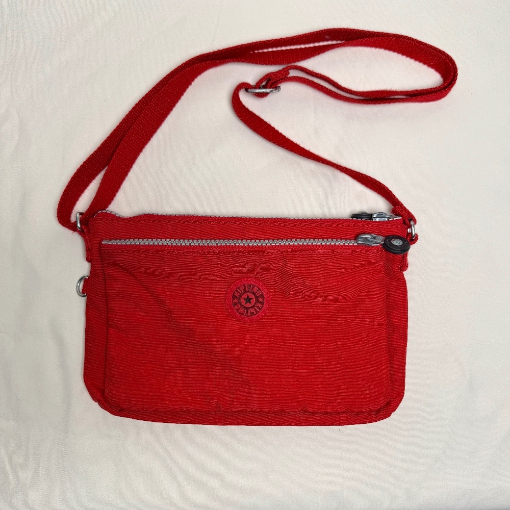 Kipling Red Crossbody Bag Double Zip Crinkle Nylon Lightweight Adjustable Strap
